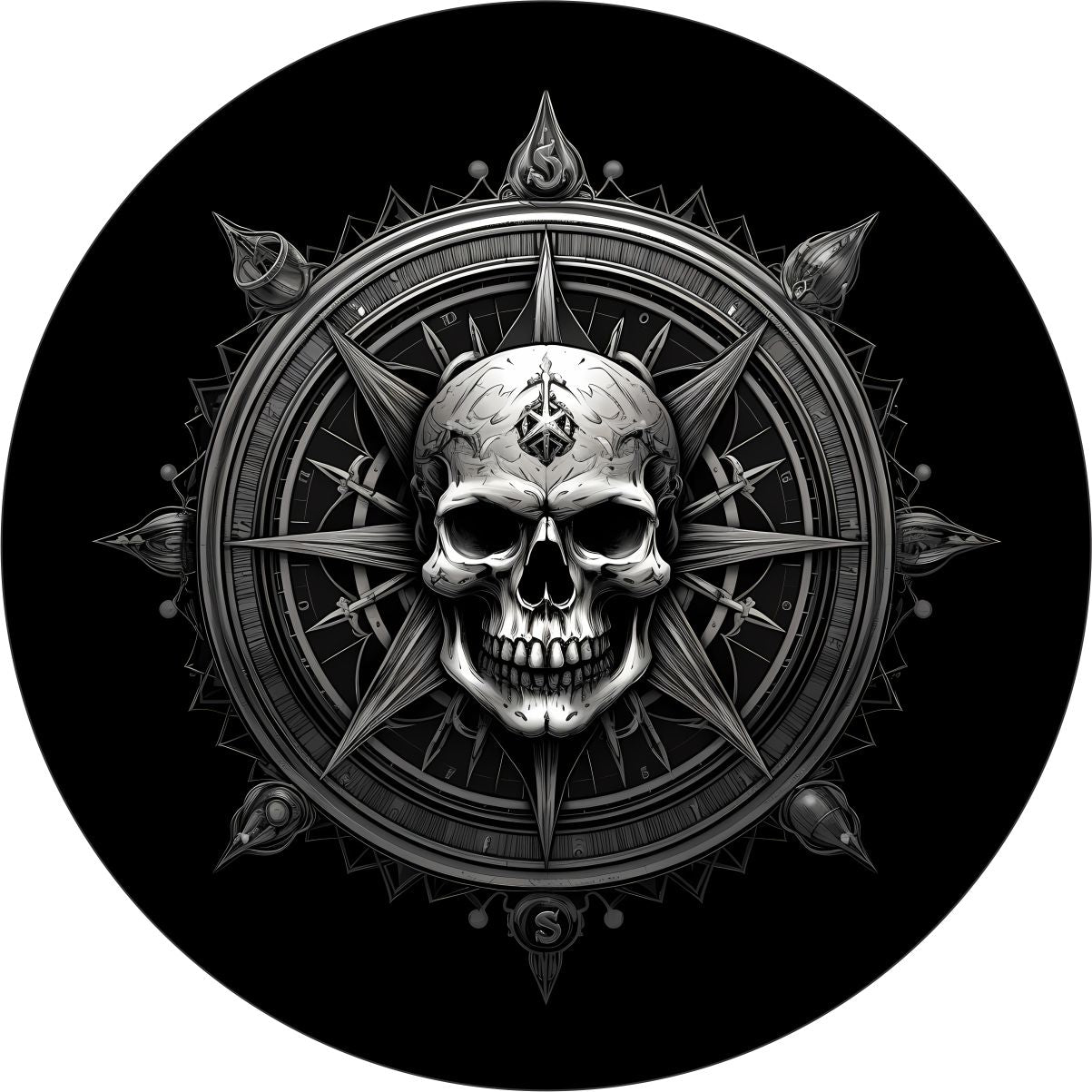 Black spare tire cover mock up with what looks like a metal compass and helm with a mean skull in the center.