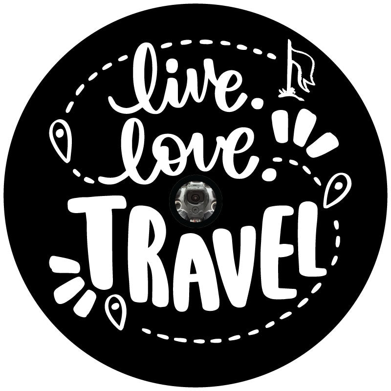 A mockup of a black vinyl spare tire cover for campers, rv, jeeps, broncos, vans, and more that says live. love. travel. in cute font typography designs plus a hole to accommodate a backup camera.
