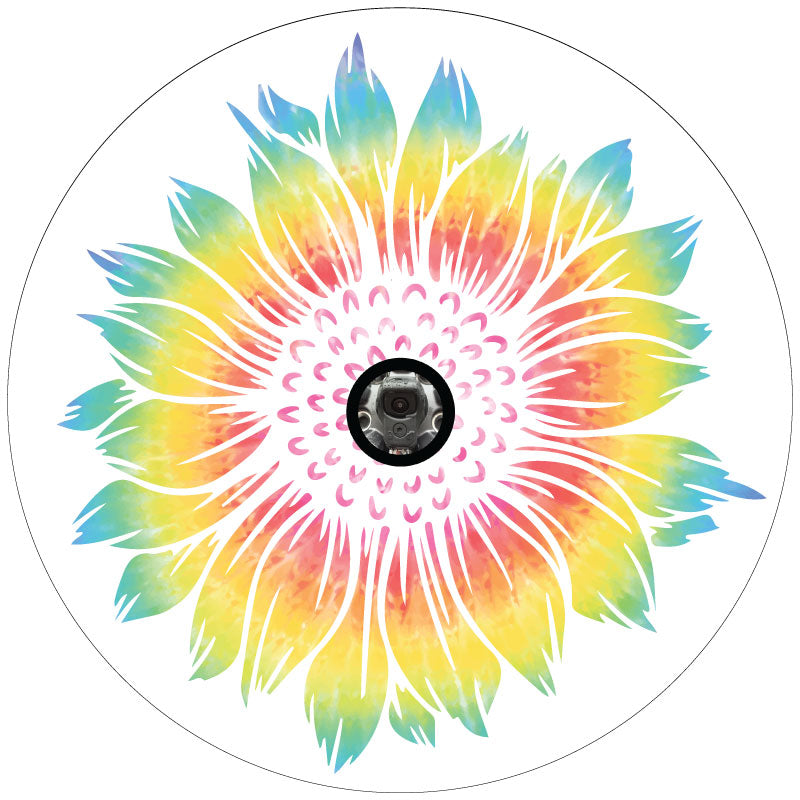 white vinyl spare tire cover design of a tie dye sunflower for Jeeps, Broncos, RV, campers, vans, trailers, and more with a hole for a back up camera