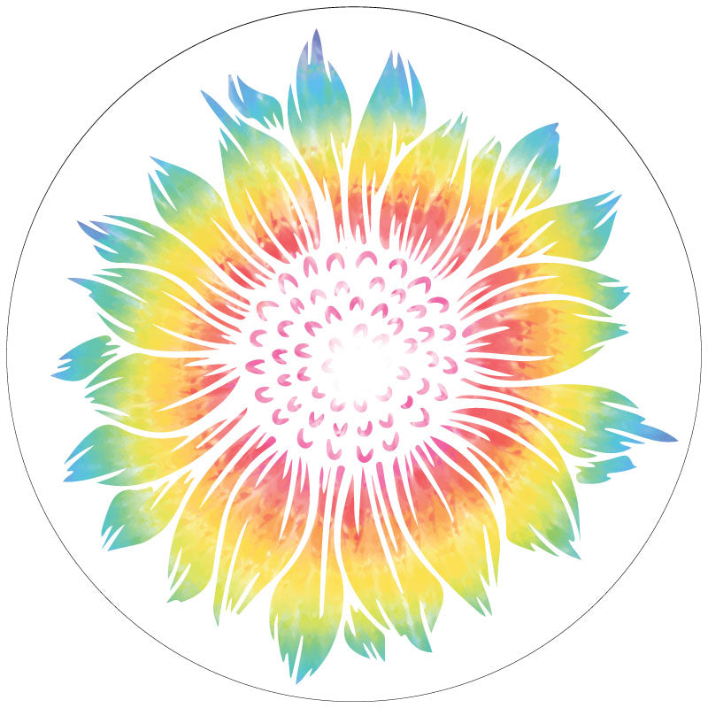 White vinyl spare tire cover design of a tie dye sunflower for Jeeps, Broncos, RV, campers, vans, trailers, and more