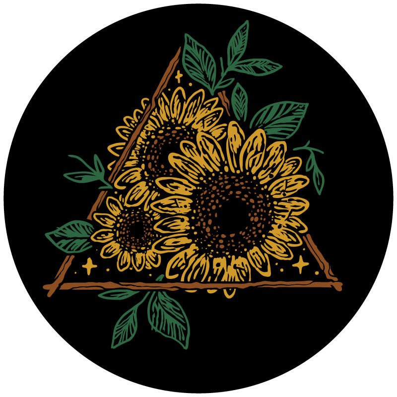 spare tire cover design of three hand drawn sunflowers in a triangle with green leaves 