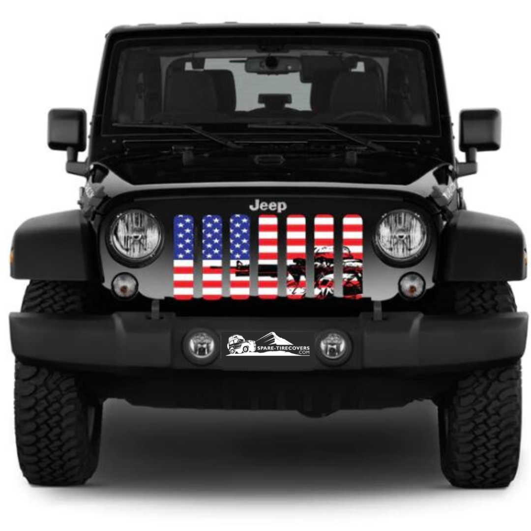 Black Jeep Wrangler with a grille insert of an American soldier point their rifle on the background of an American flag in full color red, white, and blue