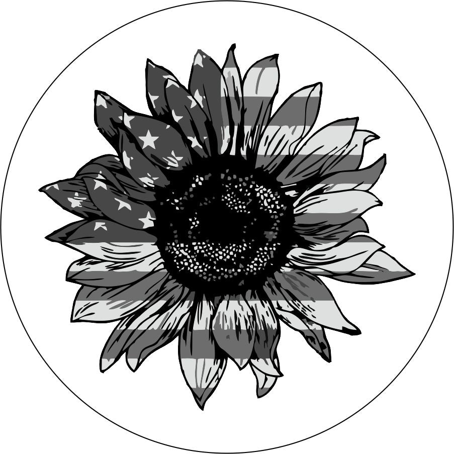 Sunflower American Flag Spare Tire Cover design for any vehicle, make, model, and size . Including Jeep Wranglers, RV, Travel Trailer, Camper, and more on white vinyl