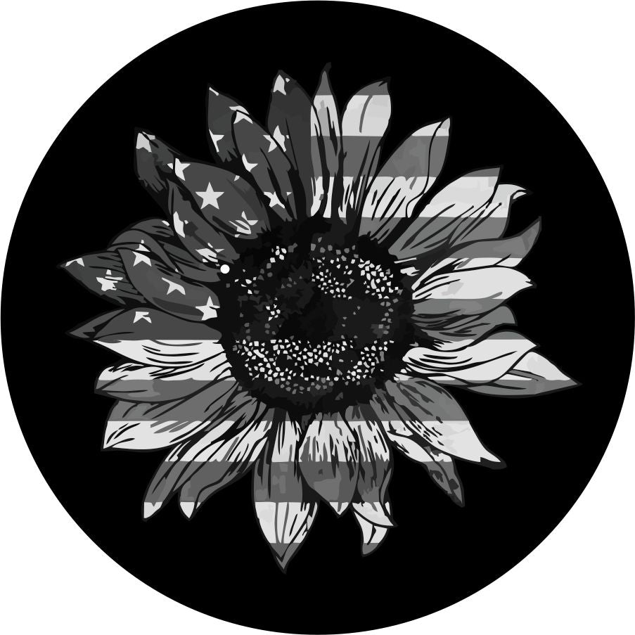 Sunflower American Flag Spare Tire Cover design for any vehicle, make, model, and size . Including Jeep Wranglers, RV, Travel Trailer, Camper, and more with JL back up camera