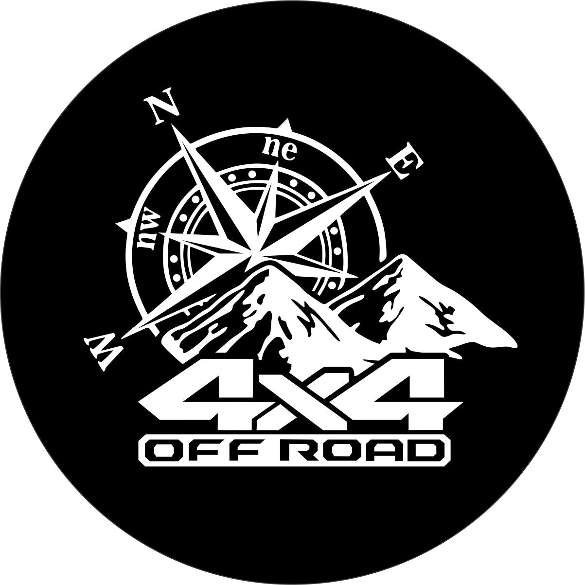 A spare tire cover design of a large compass, mountains, and the saying 4x4 off road across the bottom. 