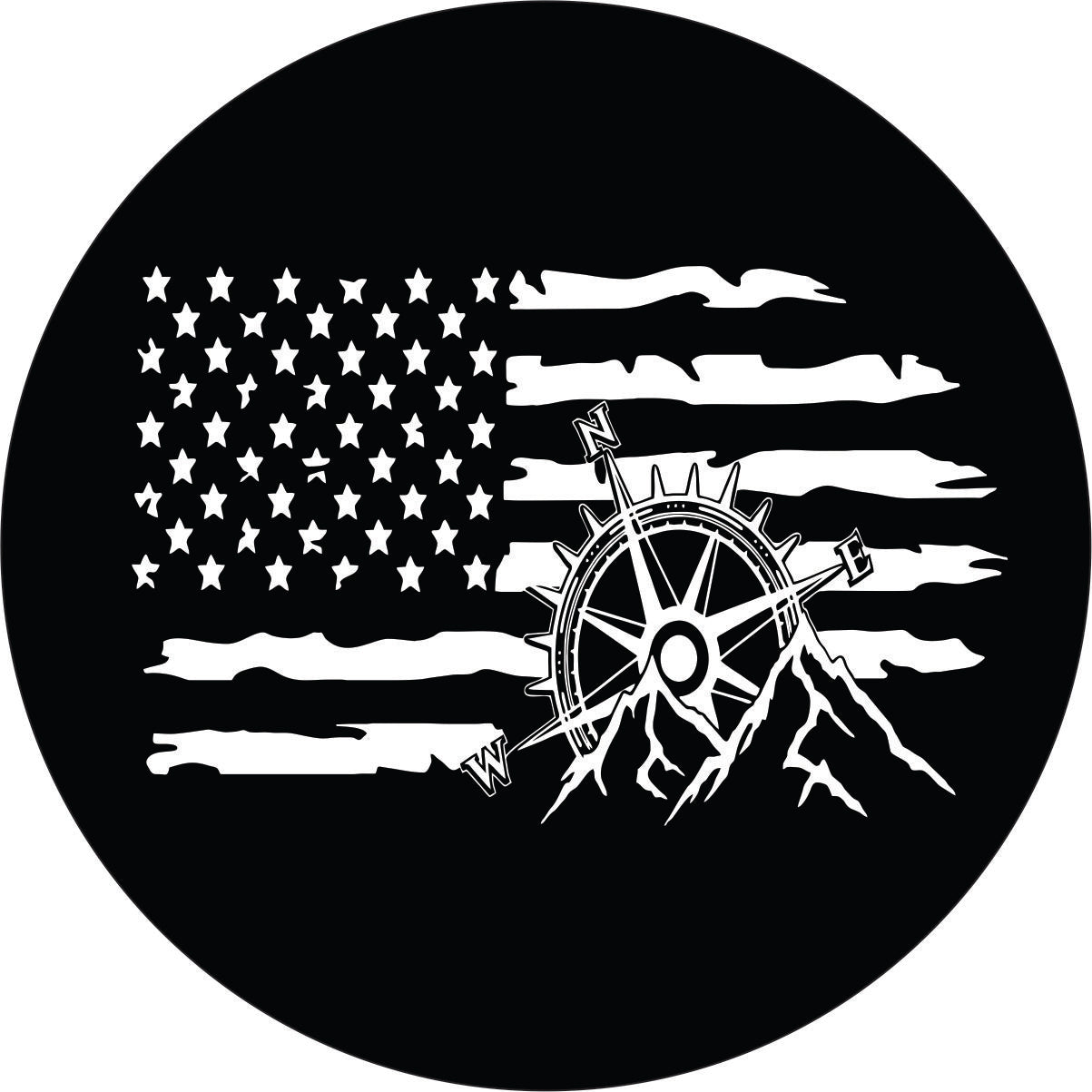 Black vinyl spare tire cover design with a white rustic American flag and a mountain and compass in the forefront