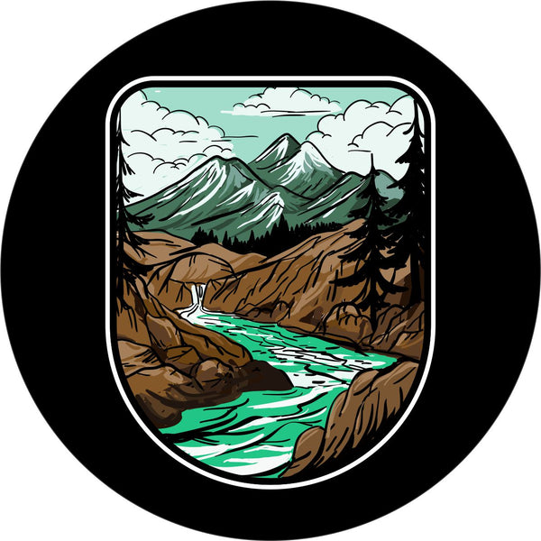 Mountains and river art inspired spare tire cover design. 