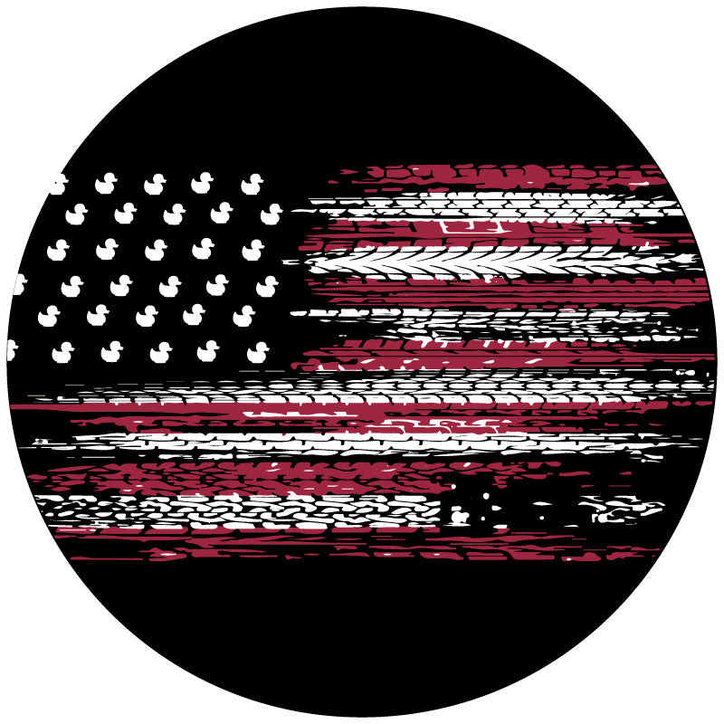 A unique  jeep spare tire cover design of a American flag with the stripes as red and white tire tracks and the stars traded out for ducks. 