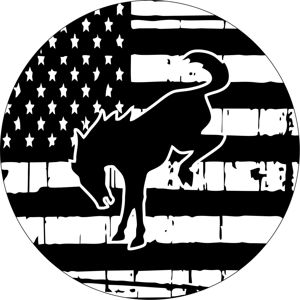 Bucking Bronco icon in front of a rustic painted American flag background spare tire cover design.