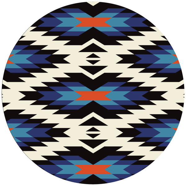 Burnt orange, black, blue shades, and white geometric Aztec serape pattern spare tire cover design