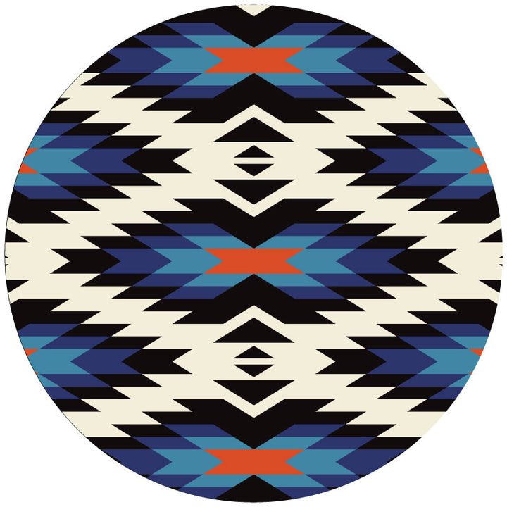 Burnt orange, black, blue shades, and white geometric Aztec serape pattern spare tire cover design