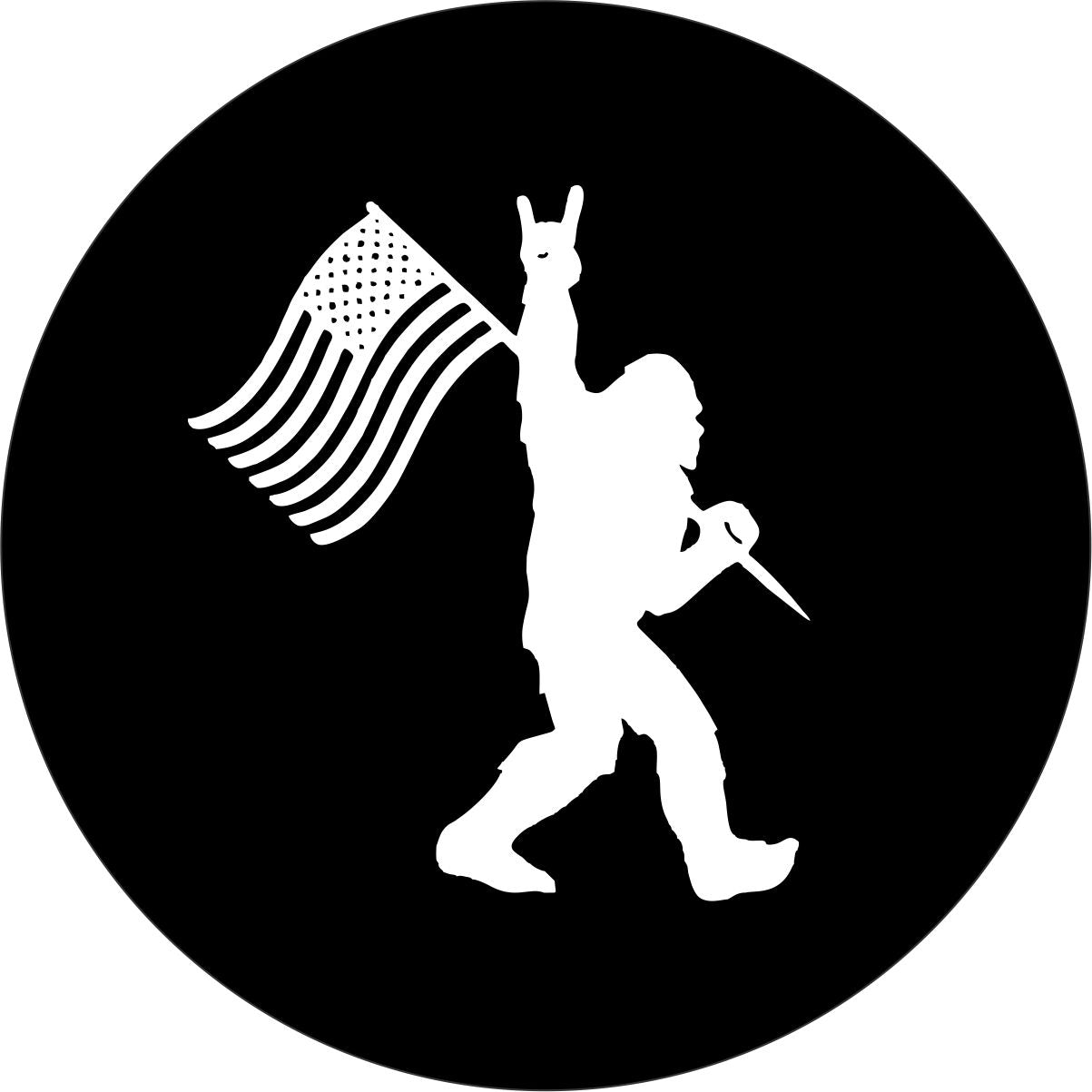 Spare tire cover design of Sasquatch walking by holding the American flag and throwing up the rock on sign with his hand. 