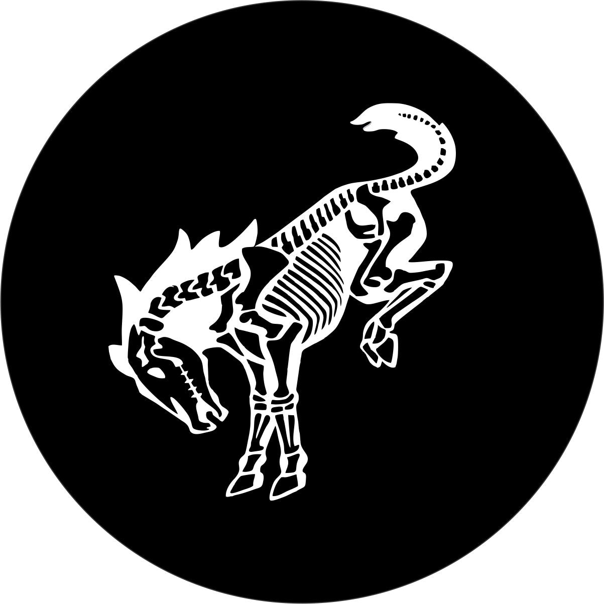 Mock up of a black vinyl spare tire cover with a Bronco horse skeleton design.