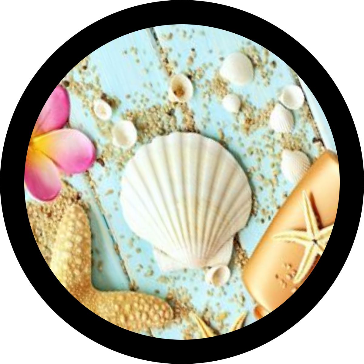 A spare tire cover mock up design of seashells, plumeria flower, starfish, and sand on wood.