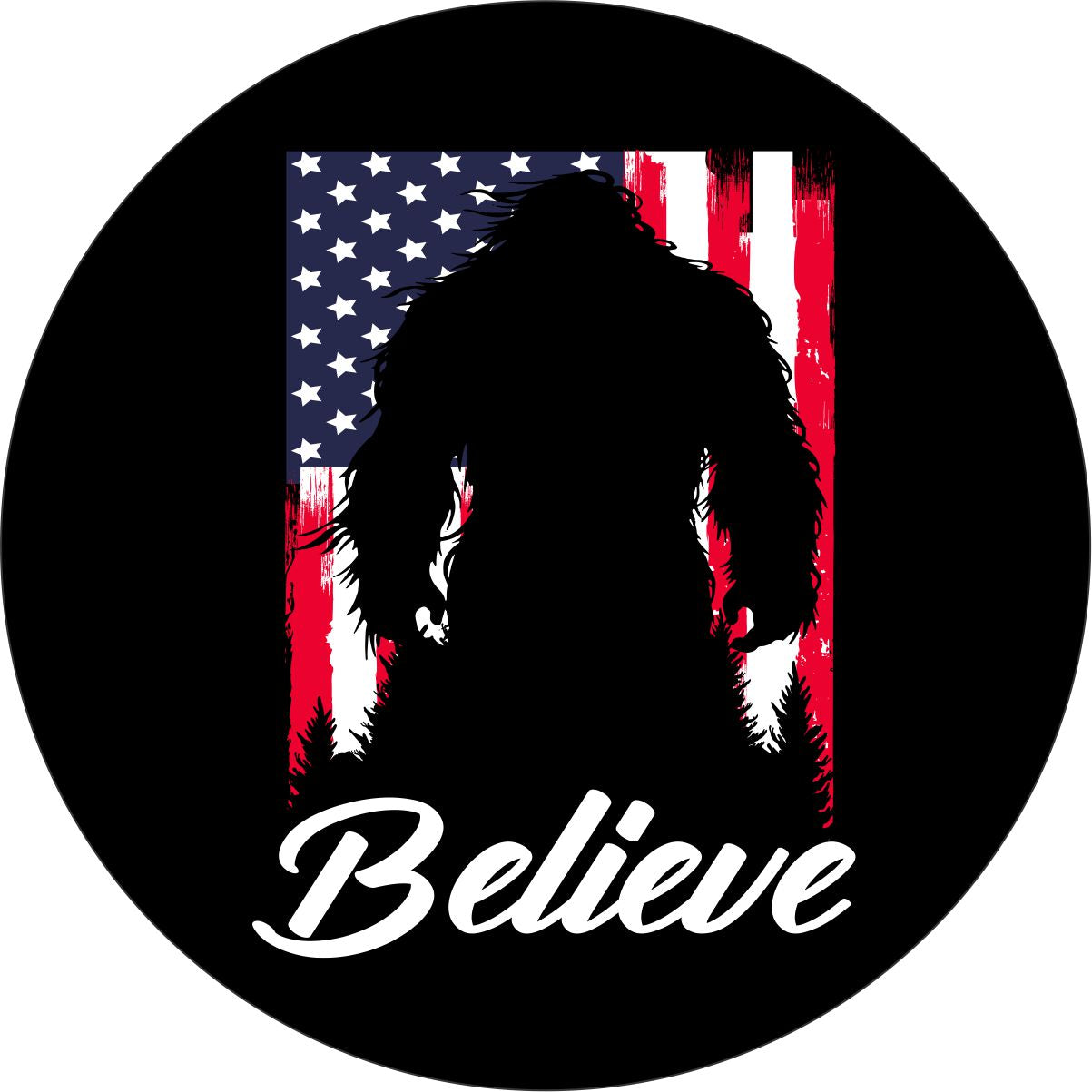 A vinyl spare tire cover design of a painted American flag with the silhouette of a sasquatch and the word believe written in cursive across the bottom.