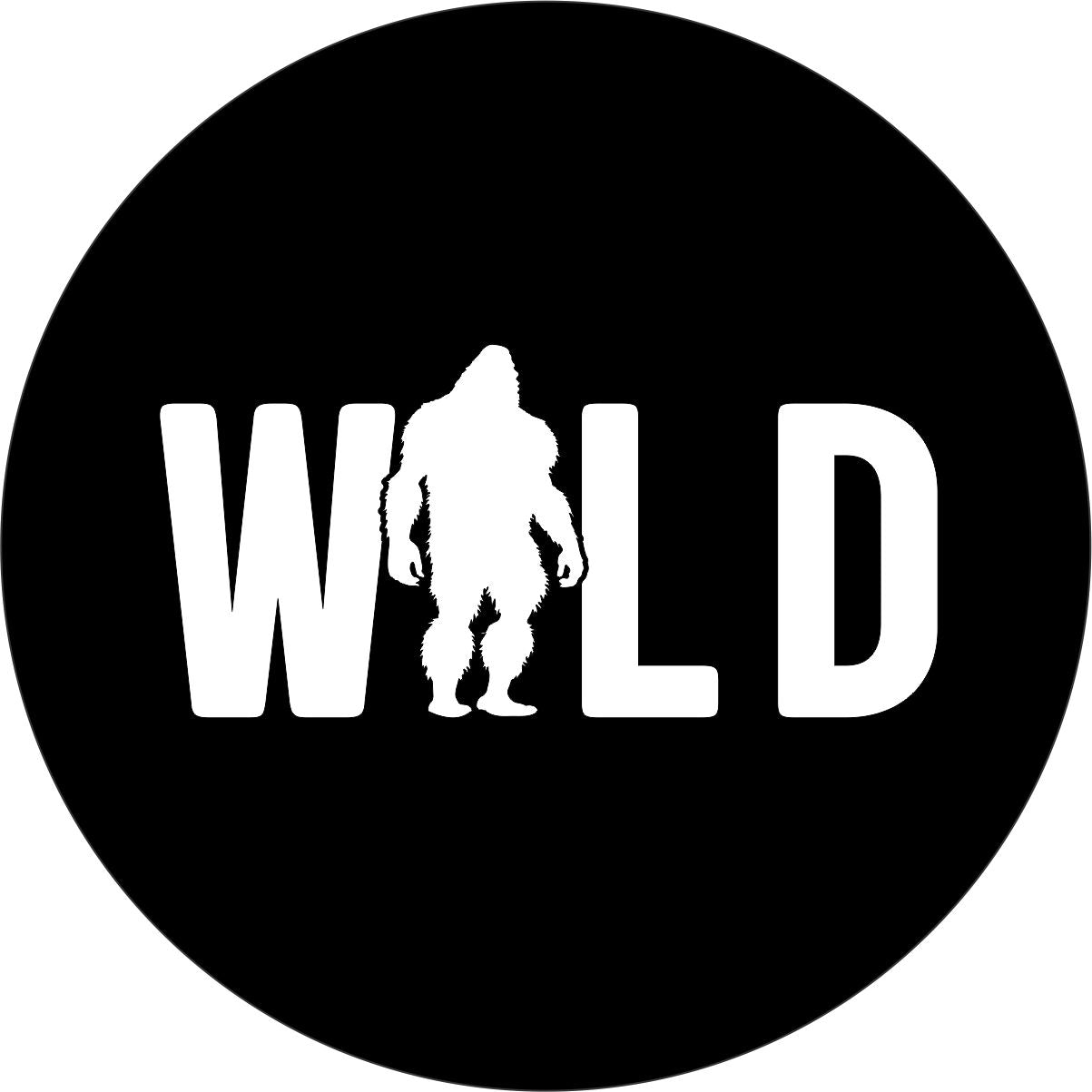 Black vinyl spare tire cover with white letters that say WILD, but with a silhouette of sasquatch replacing the I design. 