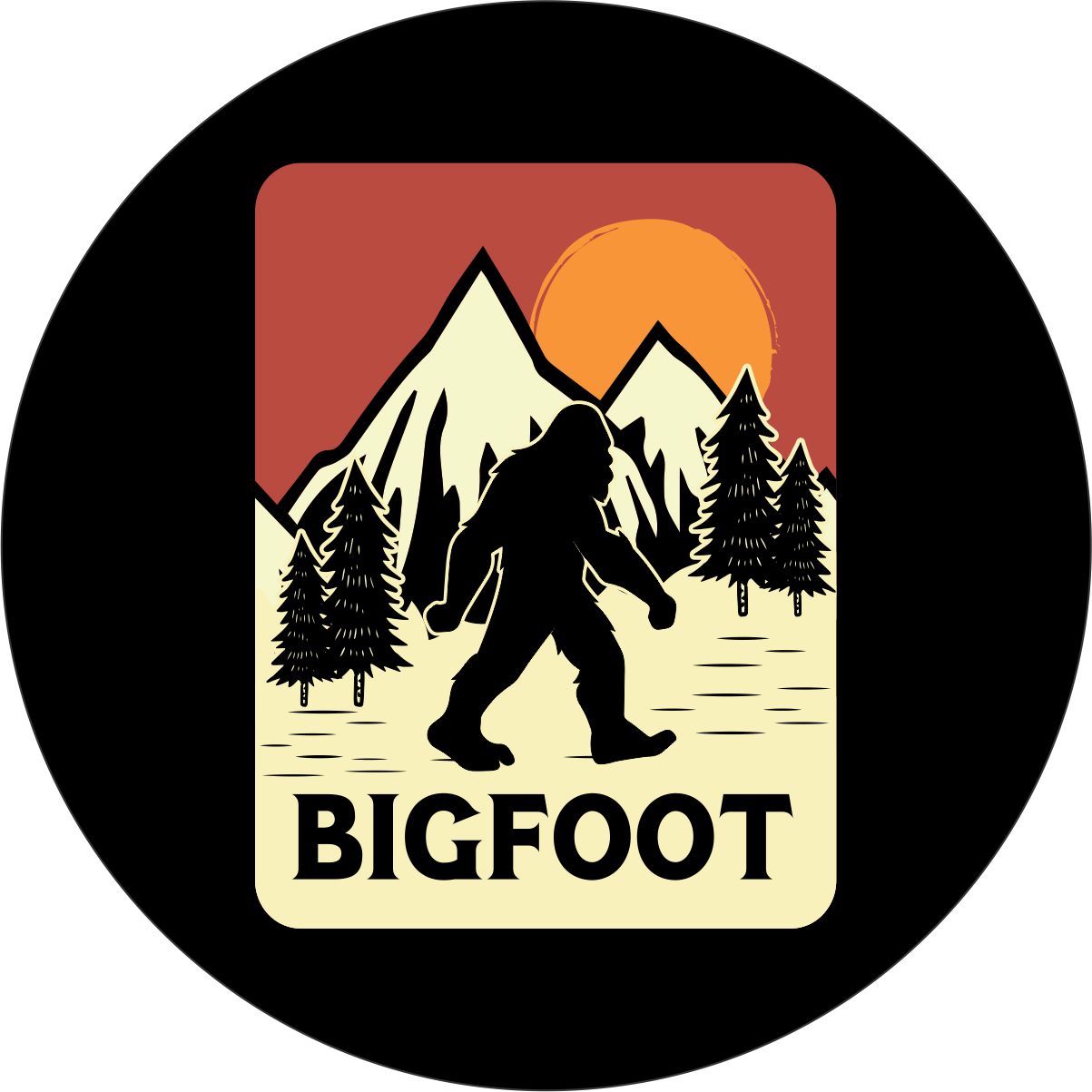 Creative bigfoot spare tire cover design with bigfoot walking along in a vintage poster design with mountains, red sky and orange sunset.