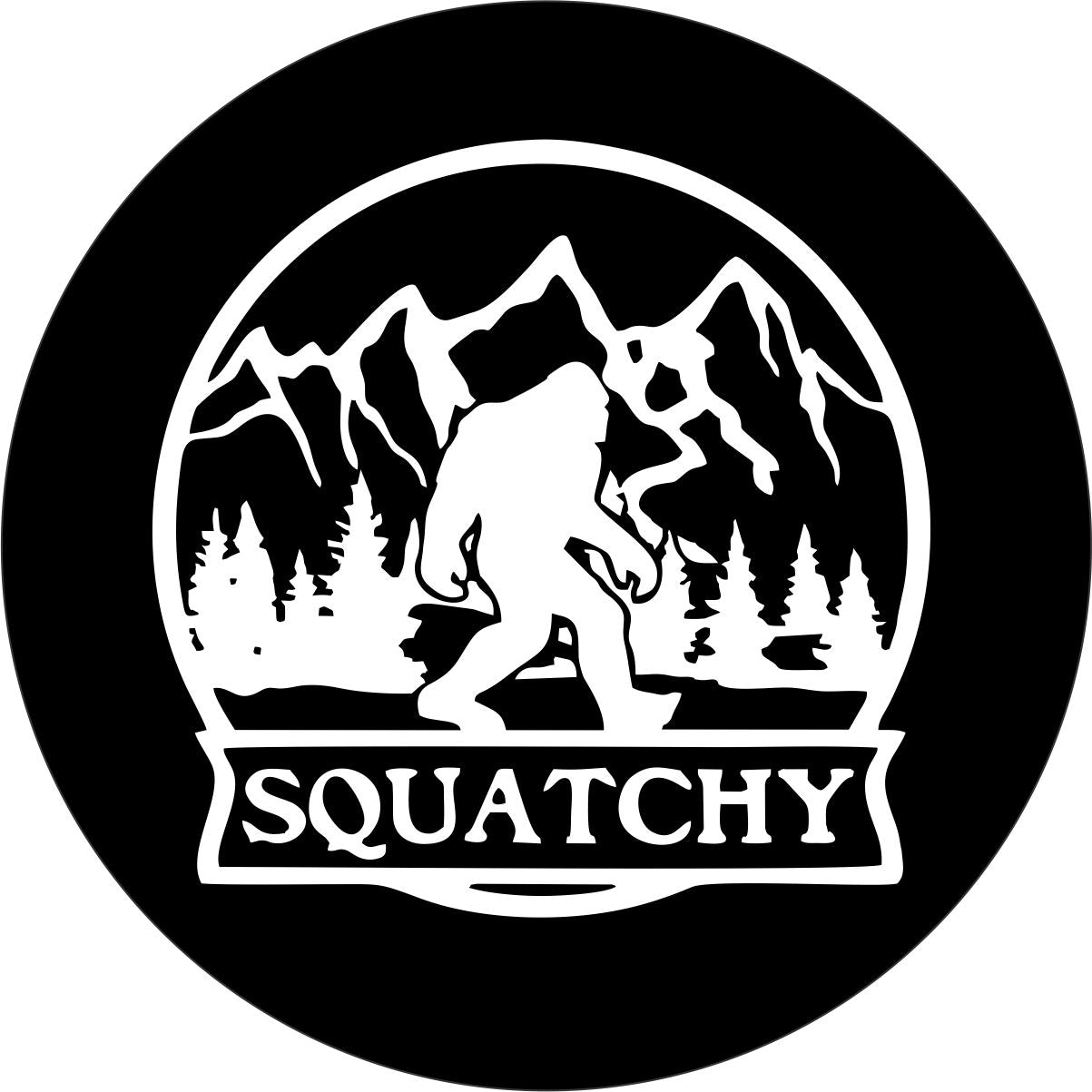 Spare tire cover design of a silhouette of sasquatch walking in the mountains with the word squatchy.