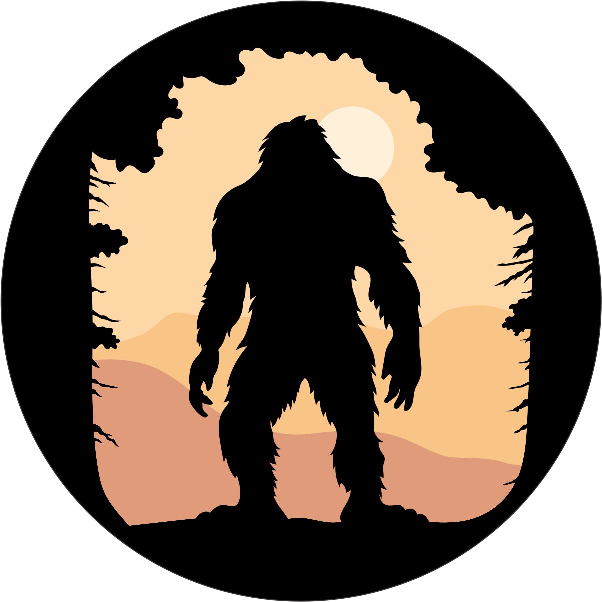 Scary silhouette of bigfoot sasquatch standing in a cave looking over the mountains