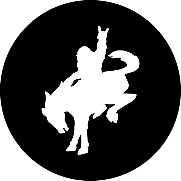 Black vinyl funny spare tire cover of a sasquatch riding a bucking bronco.