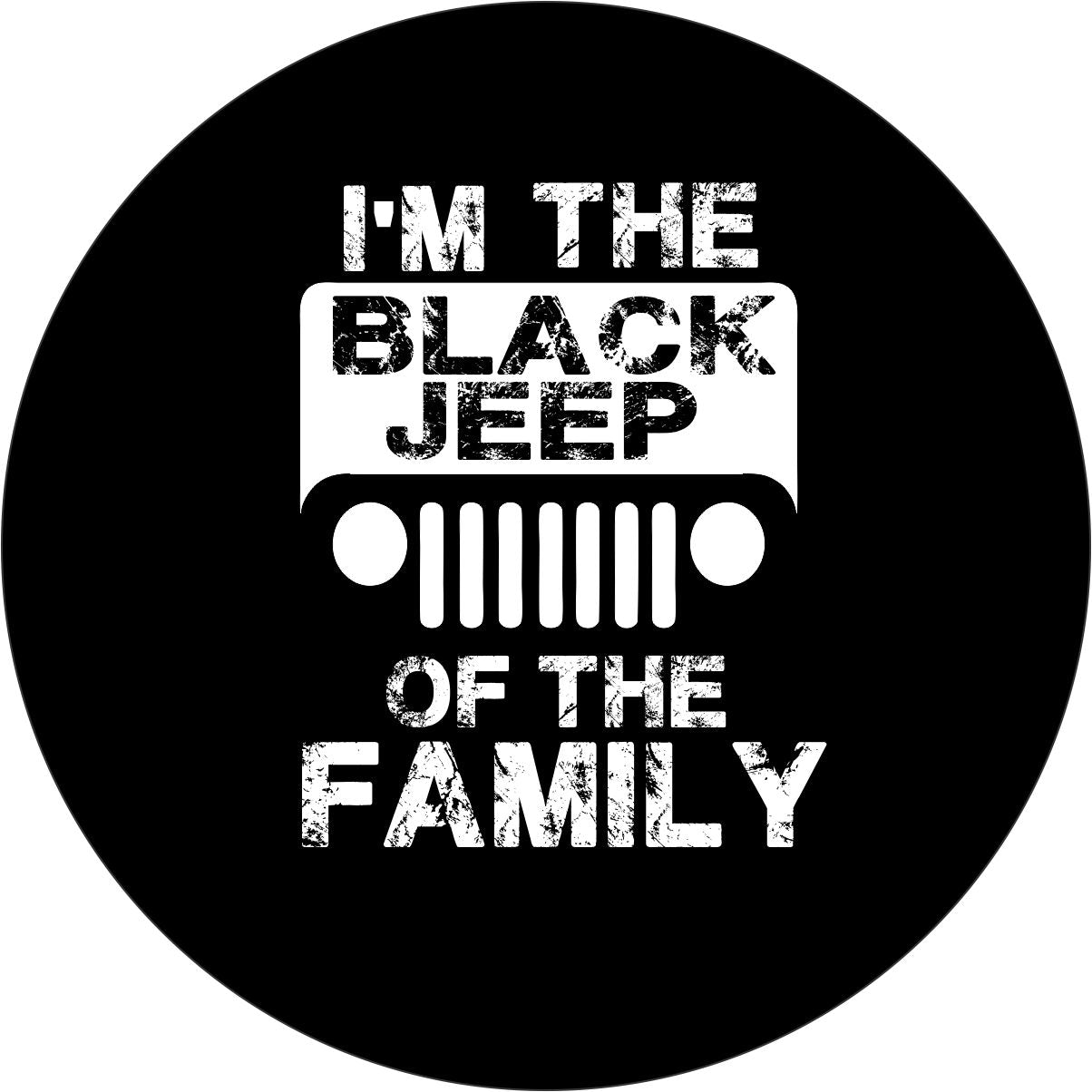 Black spare tire cover design mockup of a Jeep inspired design that says I'm the black Jeep of the family.
