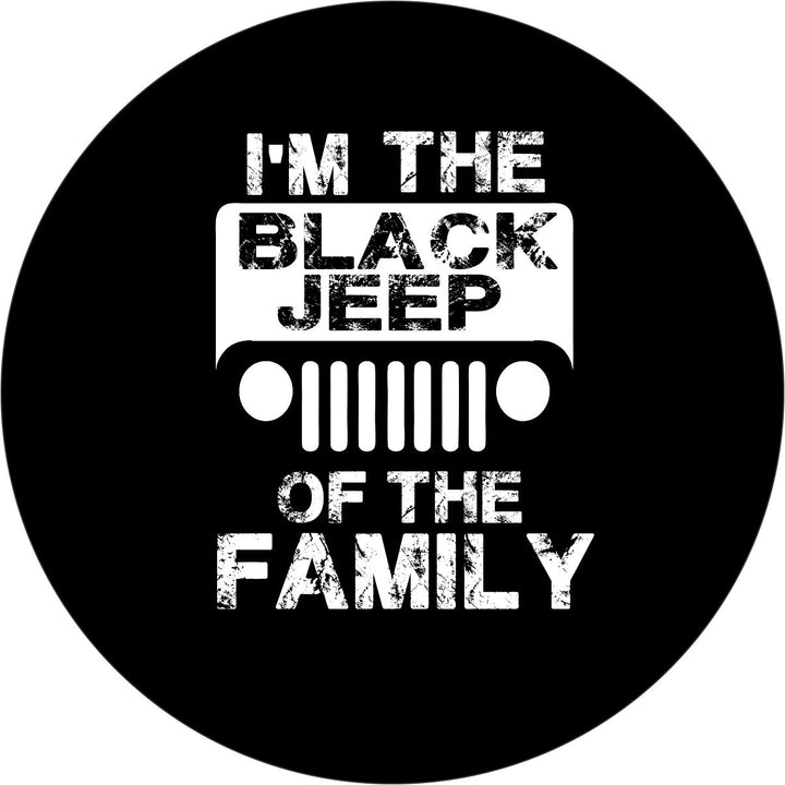 Black spare tire cover design mockup of a Jeep inspired design that says I'm the black Jeep of the family.