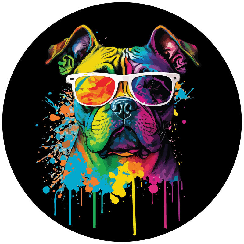 Mock up design of a black vinyl spare tire cover featuring a multicolor pop art style painted English Bulldog wearing sunglasses and paint dripping and splattered.