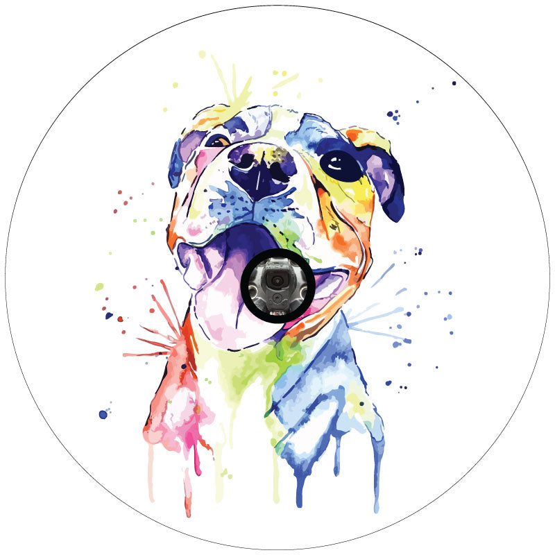 Cute spare tire cover design of a pitbull terrier dog in multicolor watercolor paint dripping with a hole for a back up camera on a white vinyl spare tire cover.