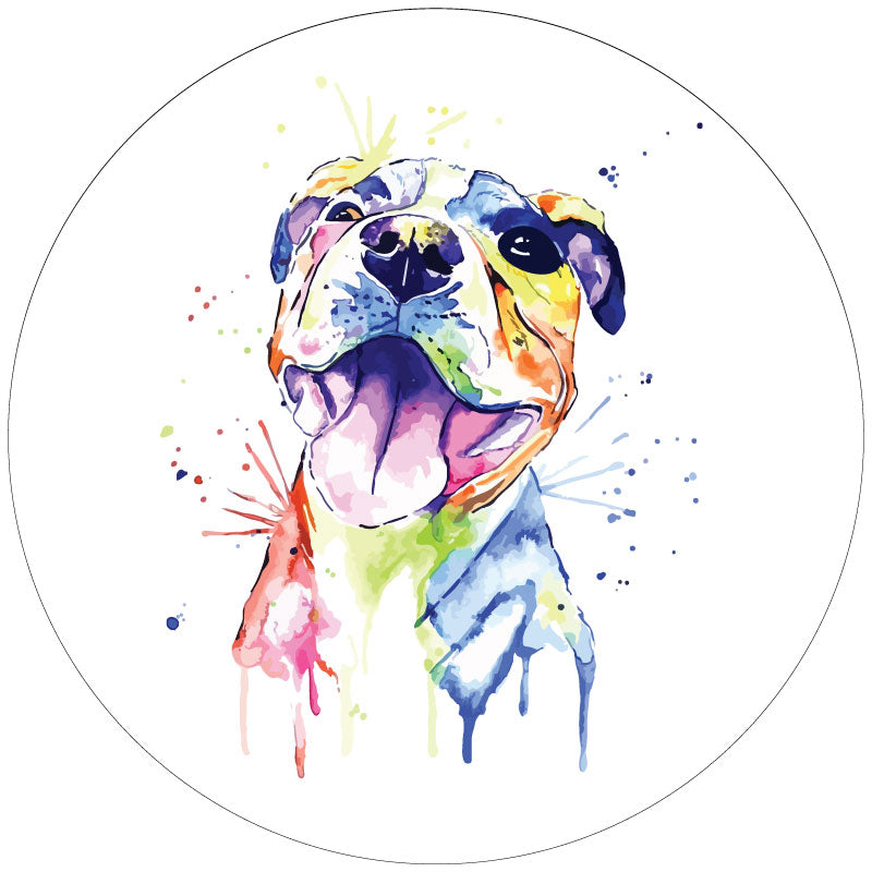 Cute spare tire cover design of a pitbull terrier dog in multicolor watercolor paint design looking like its smiling showing design on white for white vinyl spare tire cover.