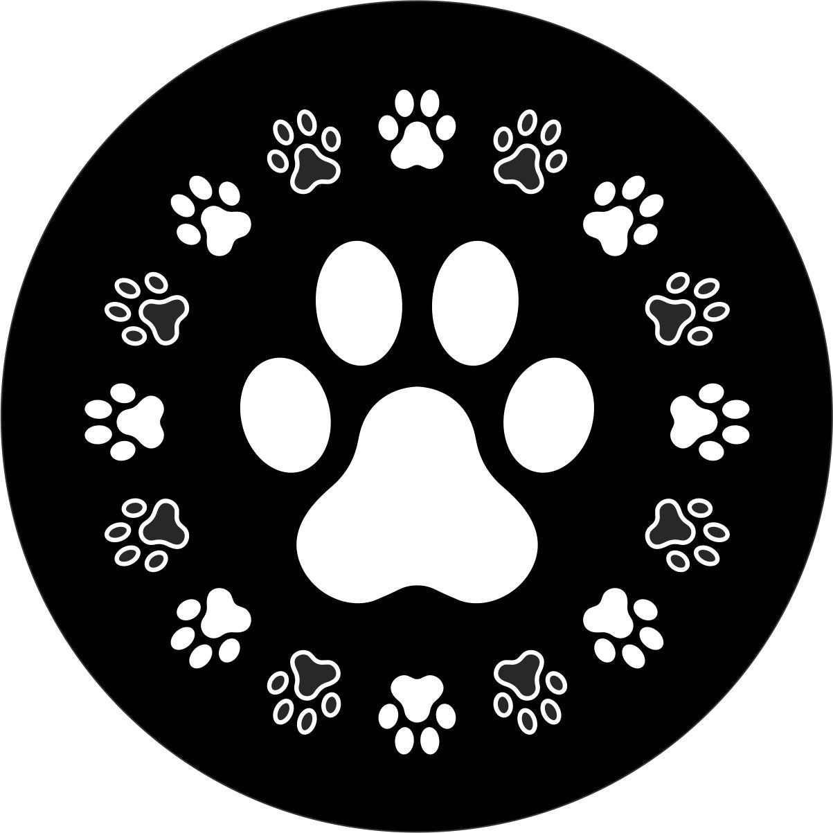 Spare tire cover design of a wreath of dog paws or a circle of small dog paws around one large dog paw.