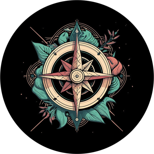 Mockup of a black vinyl spare tire cover of a compass and leaf and floral designs. Spare tire cover design for RV, Jeep, Bronco, Campers, and more.