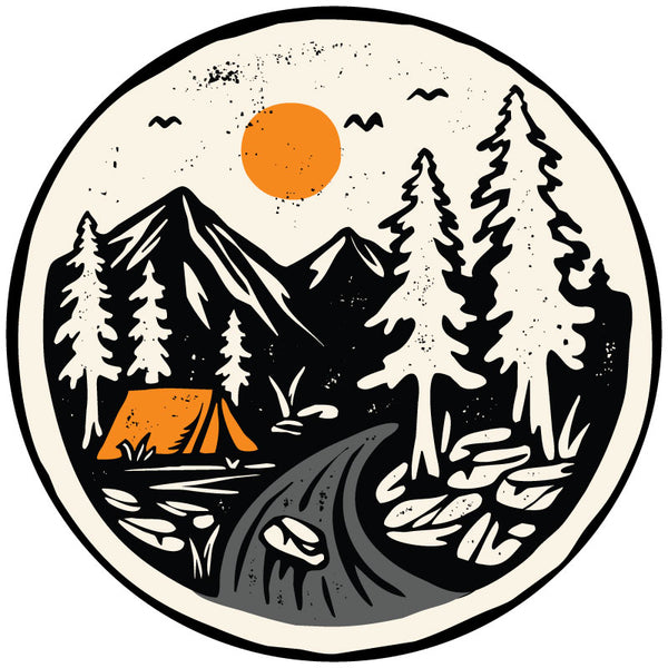 Spare tire cover design showcasing a vintage landscape design of mountains, a camping tent, trees, and the river flowing in a cream, black, and orange color palate 