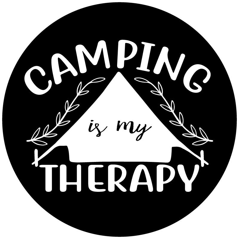 Black spare tire cover with white tent silhouette design and the saying camping is my therapy.