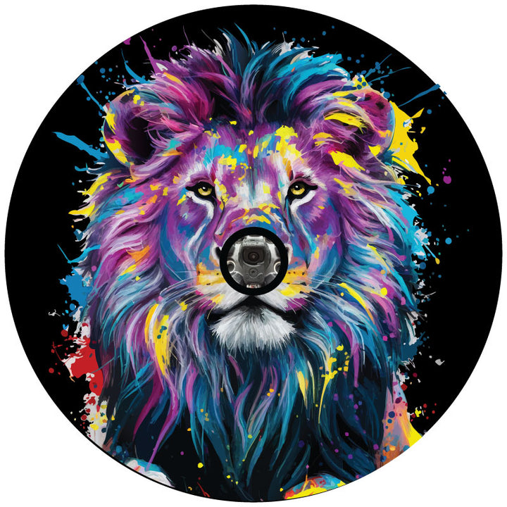 Spare tire cover design for a white vinyl design of a fierce lion with a color pop design style and paint splatter. Spare tire design is for backup cameras