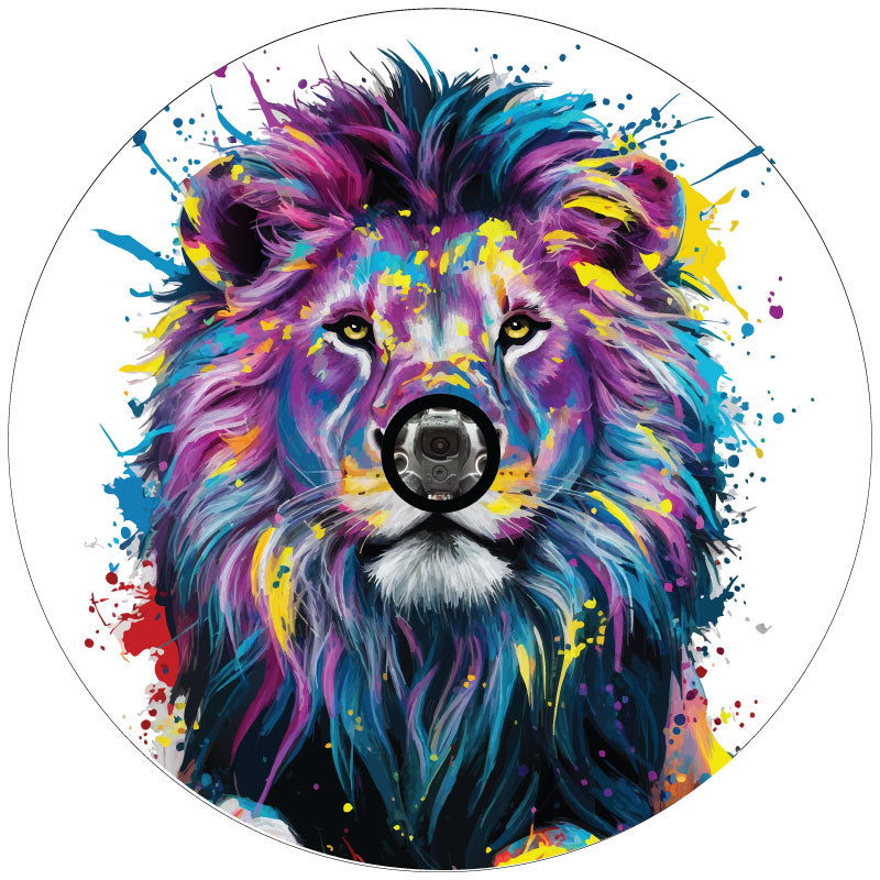 White vinyl spare tire cover design for a white vinyl design of a fierce lion with a color pop design style and paint splatter. Spare tire design is for backup cameras