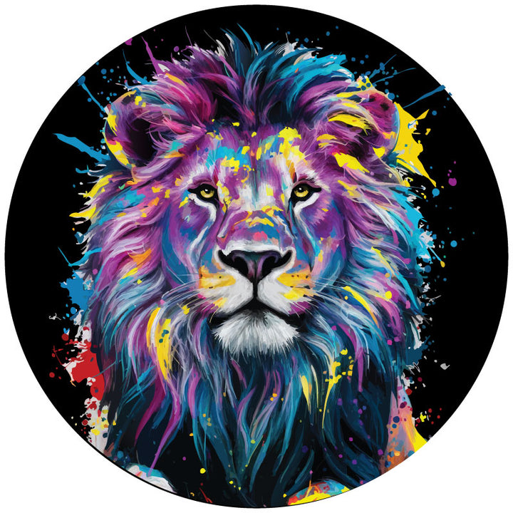 Spare tire cover design of a fierce lion with a color pop design style and paint splatter.