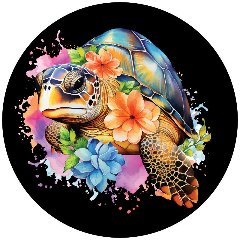 Mock up design for a spare tire cover of a sea turtle in watercolors popping out of the cover with multicolor flowers.