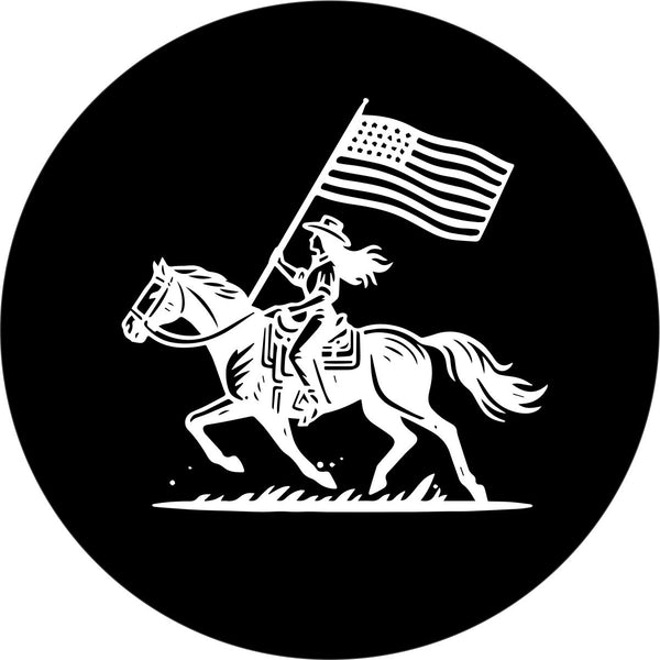 Cowgirl on a Bronco with American Flag Spare Tire Cover for Jeep, Bronco, RV, Camper, Trailer, & More