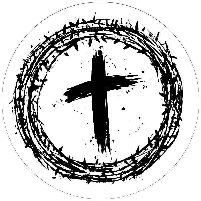 Mockup example of a white vinyl spare tire cover with a Jesus crown of thorns on the outside and a paint brushed cross