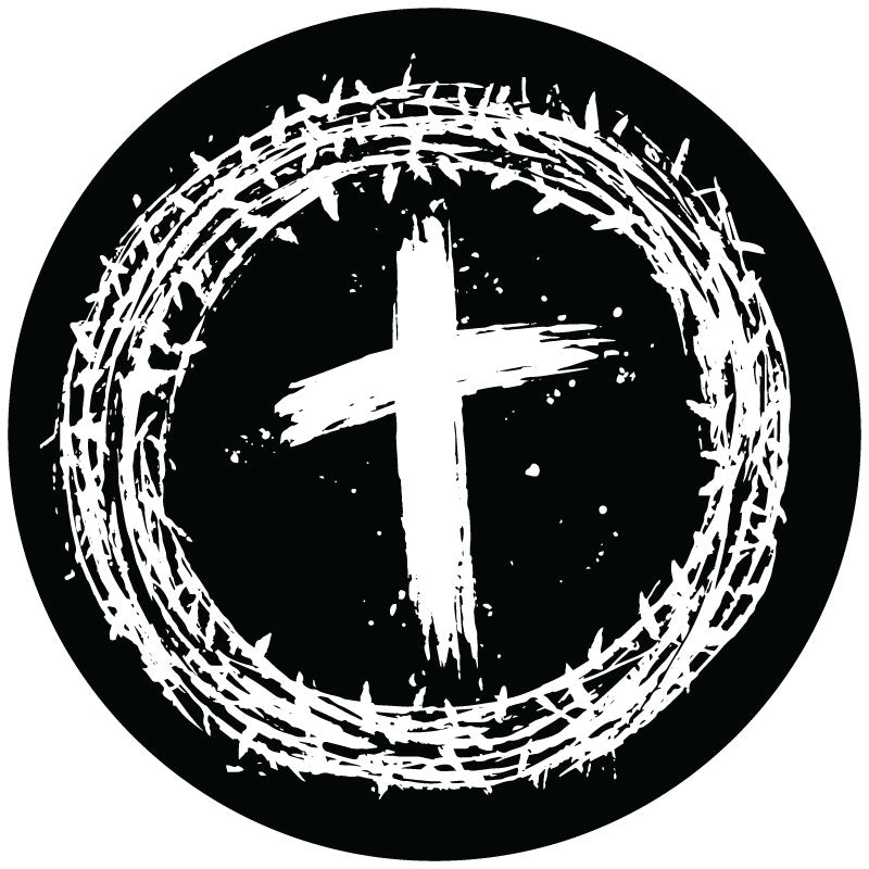 Mockup example of a black vinyl spare tire cover with a Jesus crown of thorns on the outside and a paint brushed cross