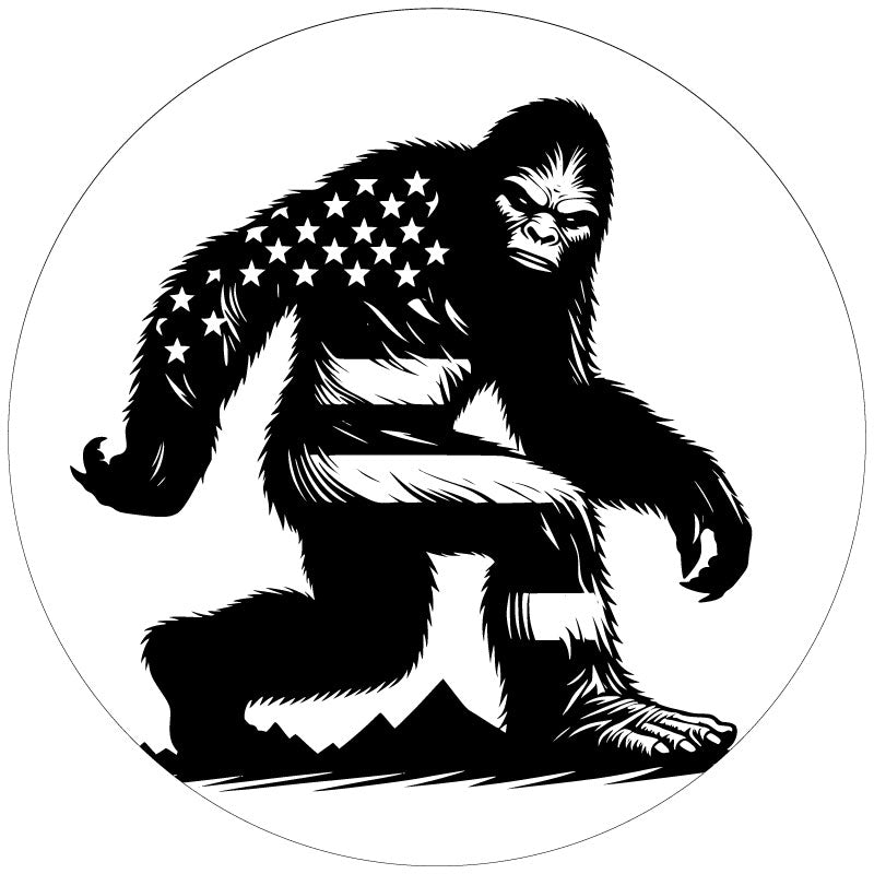 A dark sasquatch spare tire cover design mockup for a white vinyl spare tire cover. 