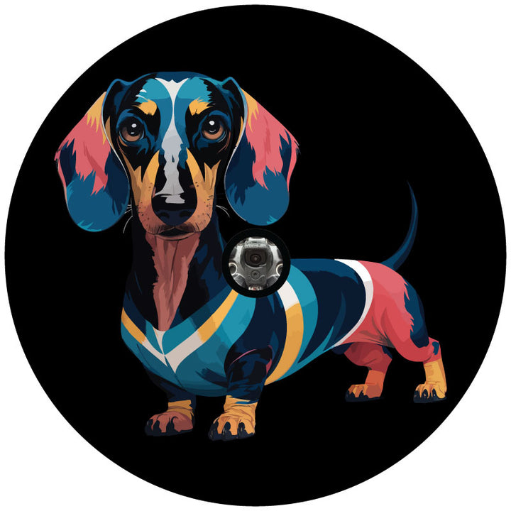 Cute graphic design of a colorful unique Dachshund dog spare tire cover mockup design on black vinyl with a backup camera