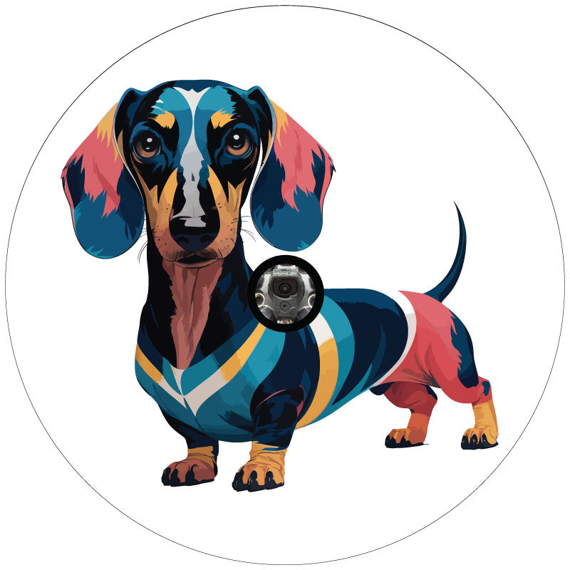 Cute graphic design of a colorful unique Dachshund dog spare tire cover mockup design on white vinyl with a backup camera