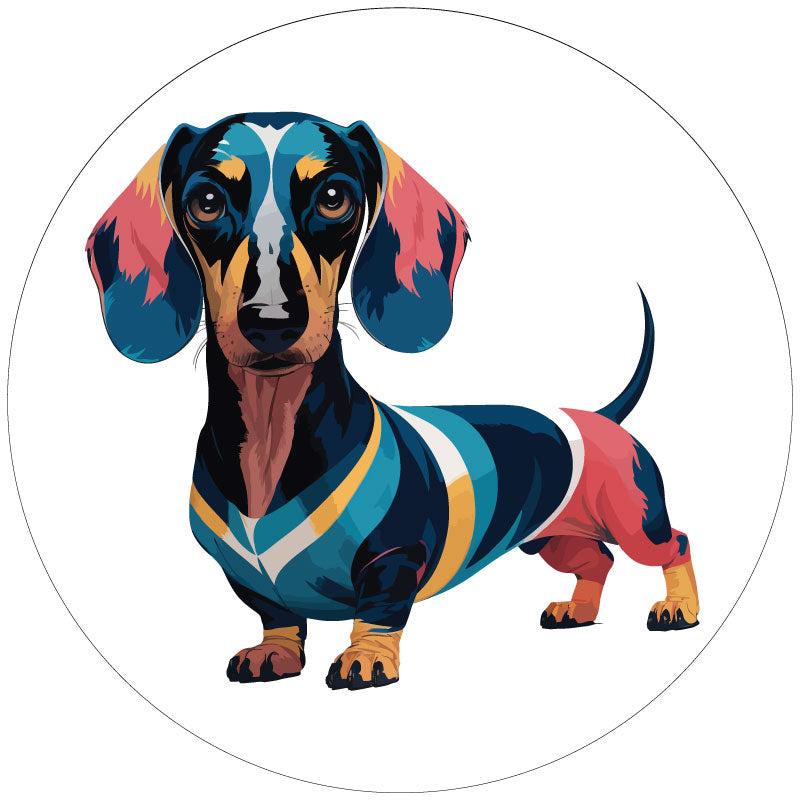 Cute graphic design of a colorful unique Dachshund dog spare tire cover mockup design on white vinyl