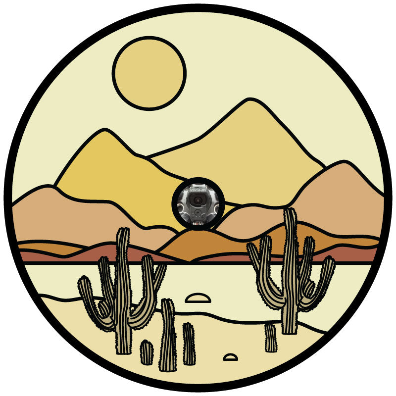 Flat earth tone colored desert landscape with cactus spare tire cover design and a camera hole for a backup camera