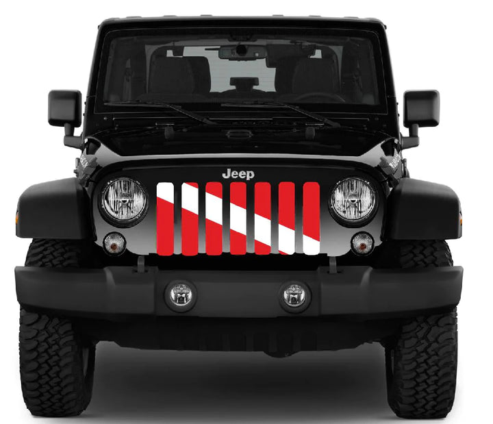 Scuba diver down flag Jeep grille insert displayed on a black Jeep Wrangler