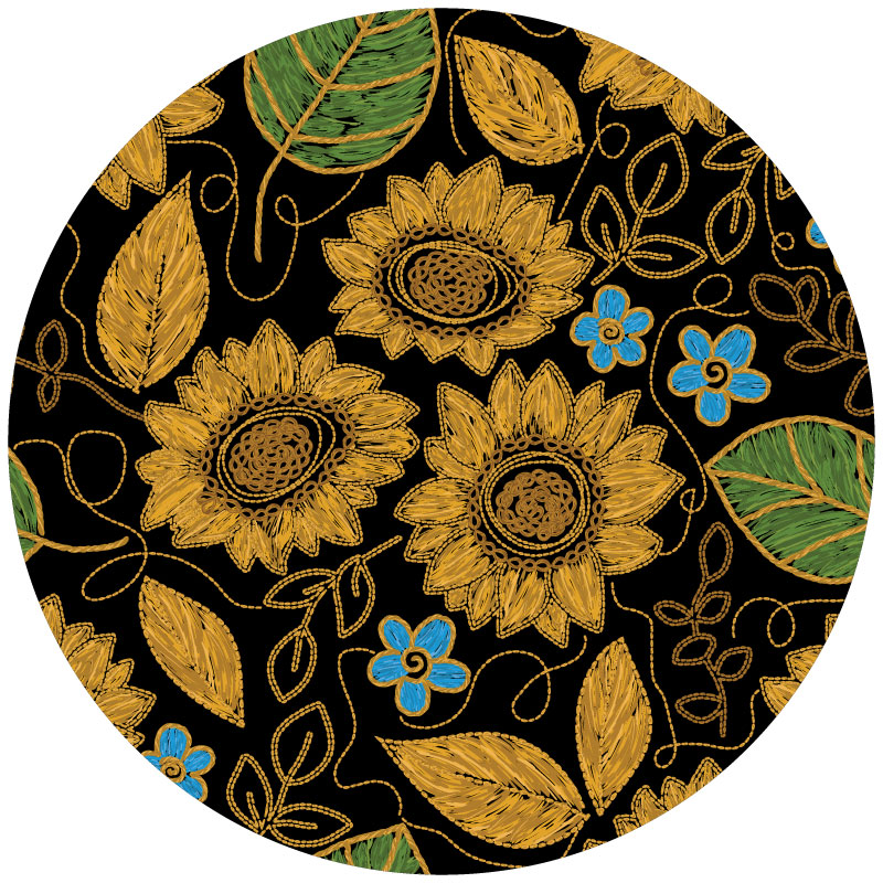 Mockup example of a cute spare tire cover design of florals and sunflowers to look embroidered. Colorful flowers on a black vinyl spare tire cover.
