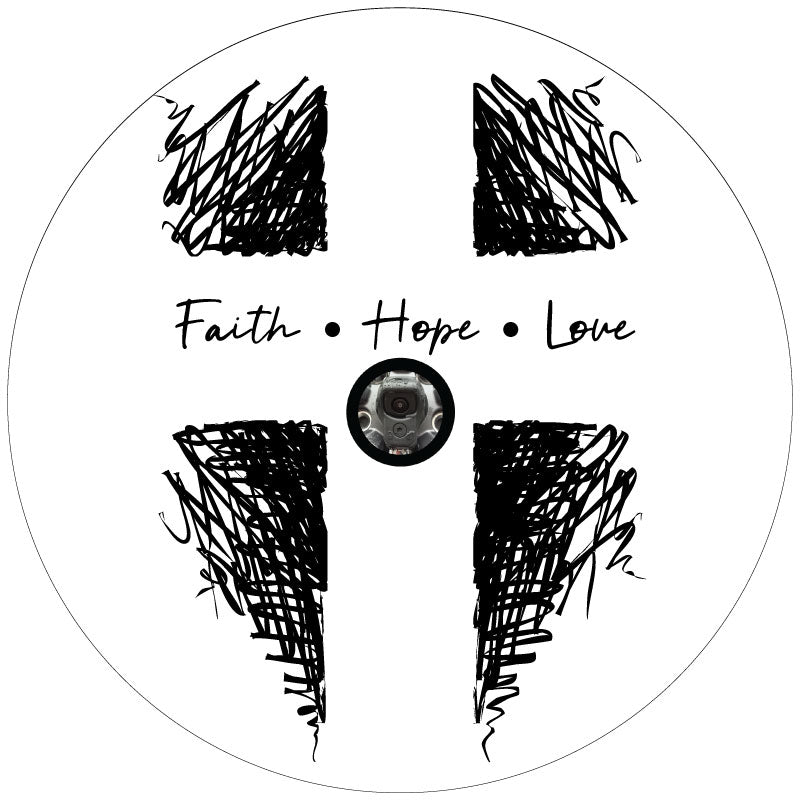 White vinyl religious Christian spare tire cover of a cross design and the words faith, hope, and love plus a hole for a backup camera