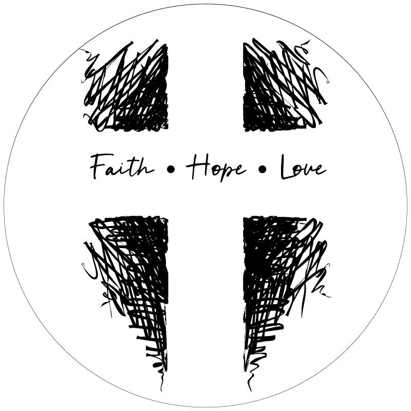 White vinyl religious Christian spare tire cover of a cross design and the words faith, hope, and love