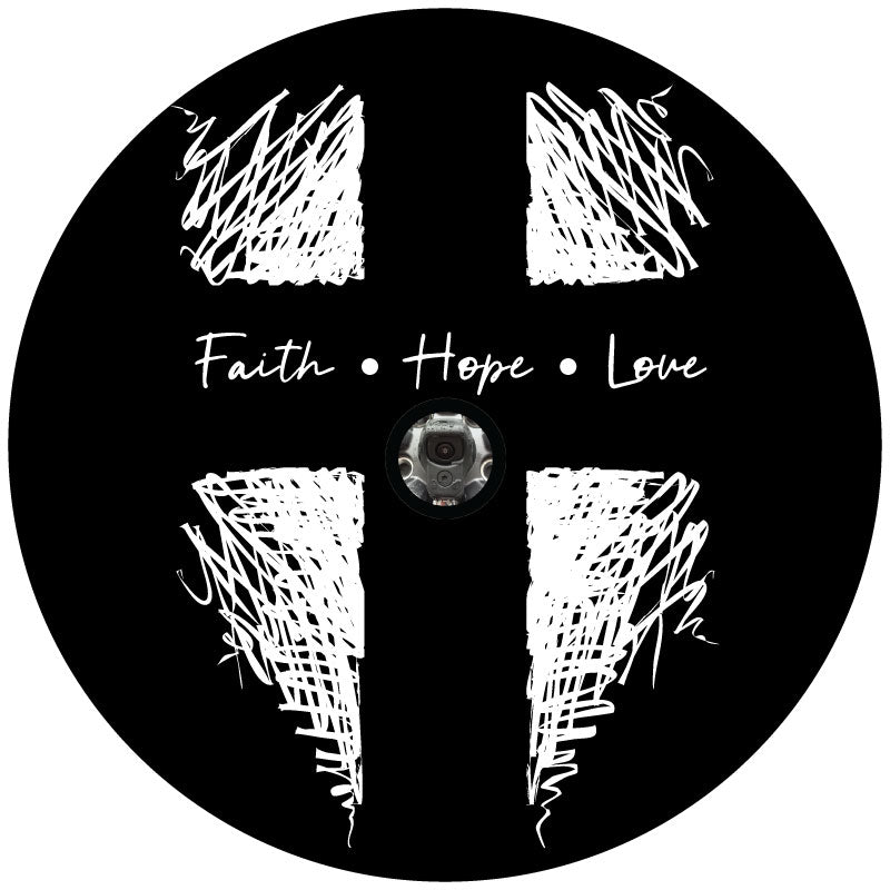 Black vinyl religious Christian spare tire cover of a cross design and the words faith, hope, and love plus a hole for a backup camera